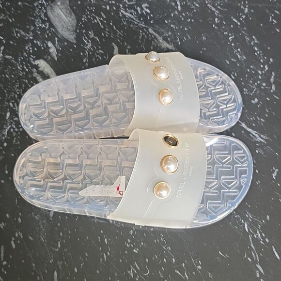BRAND NEW KARL LAGERFELD PARIS TAJA JEWEL-EMBELLISHED POOL  SLIDES - Picture 4 of 15
